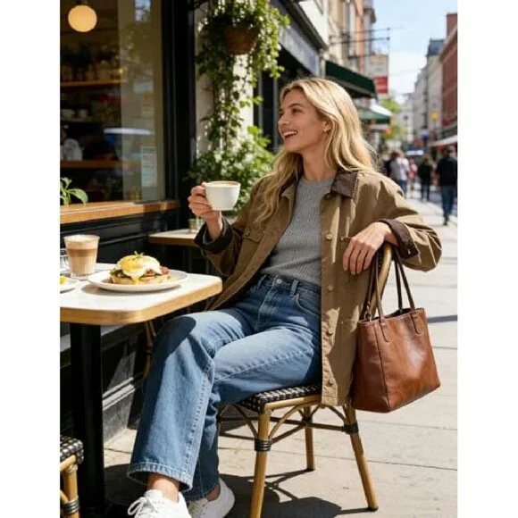 Oversized Cotton Barn Jacket with Corduroy Collar and Pockets - Picture 7 of 8